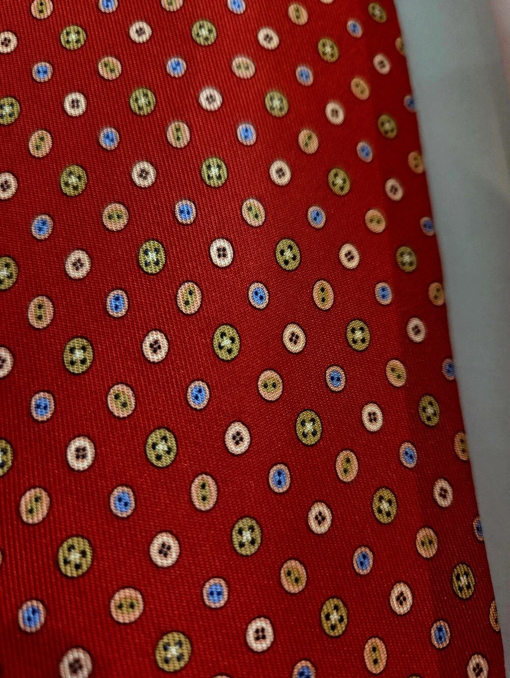 Salvatore Ferragamo Red Silk Tie with Small White and Gold Button Print
